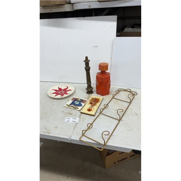 Candlestick, Orange Geometric Bottle, Gold Tone Metal Rack, and Henri Original Preserved Flower