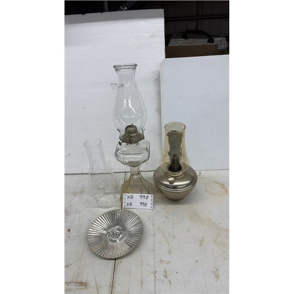 Two Oil Lamps, three Glass Chimneys, and Metal Reflector (Glass Lamp has Damage to Base)