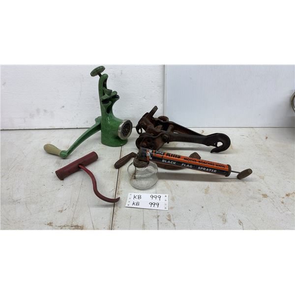 Vintage Black Flag Pest Sprayer, Green Meat Grinder, and Rusty Block and Tackle