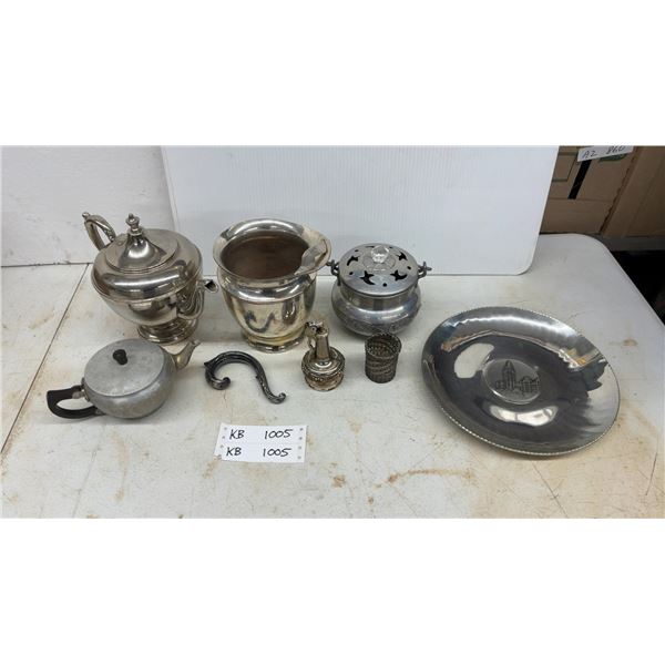 Assorted Silver-Toned Metalware: Ronson Decanter Lighter, Sig Swiss Plate, Teapot