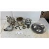 Image 1 : Assorted Silver-Toned Metalware: Ronson Decanter Lighter, Sig Swiss Plate, Teapot