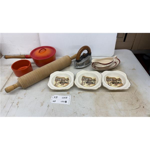 Sandland Ware Bowls, Cast Iron Pot, Wood Rolling Pin, and Vintage Iron