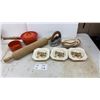Image 1 : Sandland Ware Bowls, Cast Iron Pot, Wood Rolling Pin, and Vintage Iron