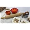 Image 3 : Sandland Ware Bowls, Cast Iron Pot, Wood Rolling Pin, and Vintage Iron