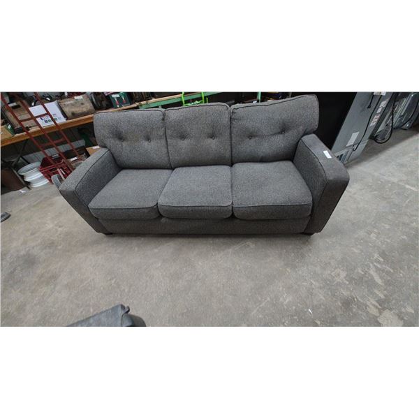 Contemporary Three-Seater Sofa with Grey Heathered Upholstery and Button-Tufted Back. 81”