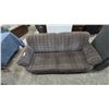 Image 2 : Two-Seater hide a bed with Brown and Grey Woven Geometric Pattern Upholstery and Rolled Arms
