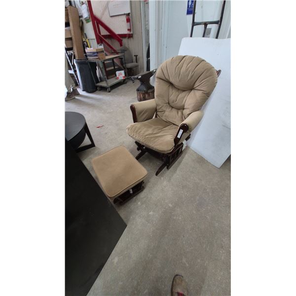 Shermag Glider Chair and Ottoman Set with Dark Wood Frame and Tan Cushions