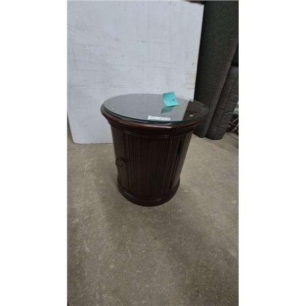 Round Wood Fluted Drum Accent End Table with Glass Top and Storage Cabinet 21” High 19” diameter