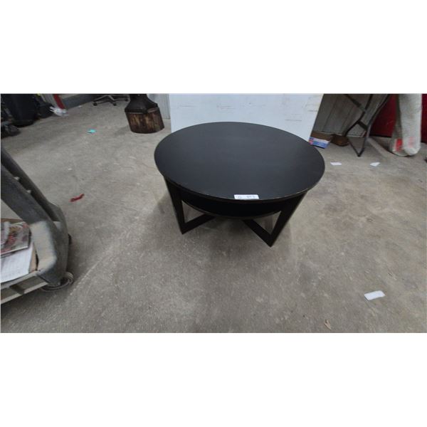 Round Two-Tier Black Wood Grain Coffee Table with X-Shaped Base. 19” High. 35” diameter