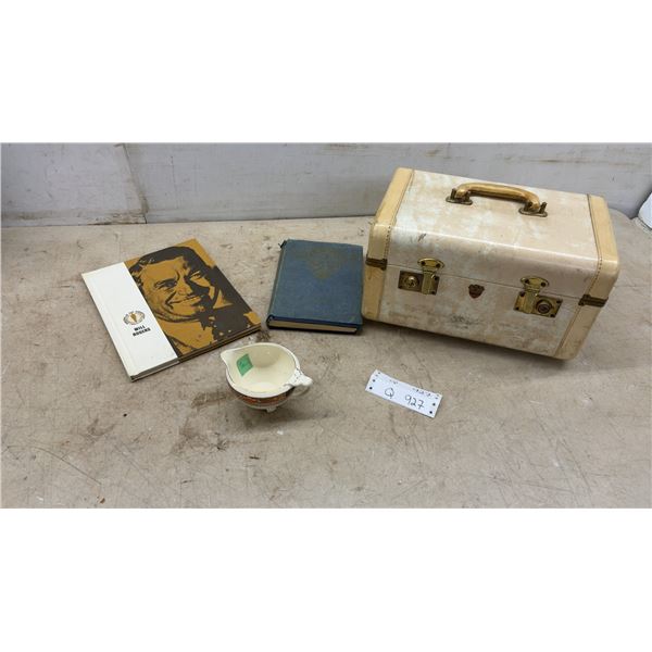 Vintage McBrine Vanity Train Case, Will Rogers Book, Golden Jubilee Book, and Porcelain Creamer