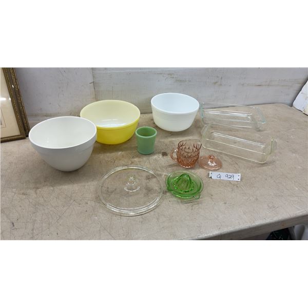 Vintage Pyrex Mixing Bowls, Jadeite Cup, Depression Glass Juicer, Pyrex Loaf Pans