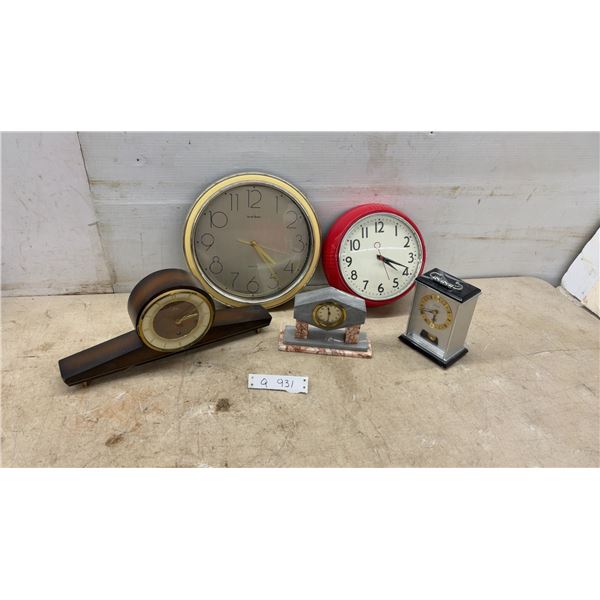 Assortment of Clocks Including Retro Looking Red Wall Clock, Marble Desk Clock, Metamec Mantel