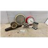 Image 1 : Assortment of Clocks Including Retro Looking Red Wall Clock, Marble Desk Clock, Metamec Mantel