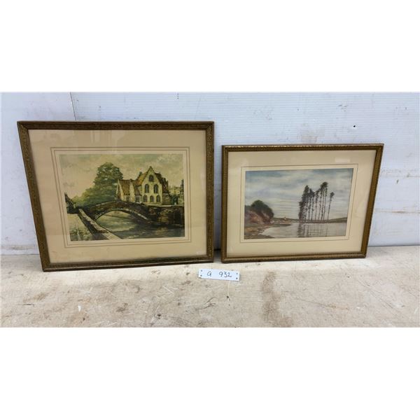 Pair of Framed Vintage Prints, Bruges Canal Scene and European Riverine Landscape With Poplars