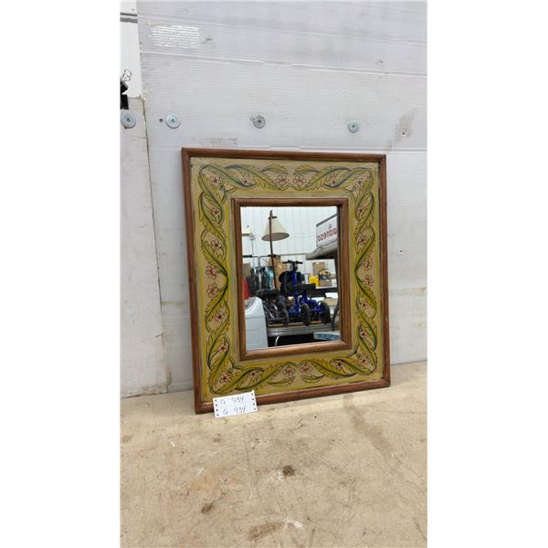 Hand-Painted Folk Art Wall Mirror With Floral and Leaf Design Wood Frame, 26 × 22”