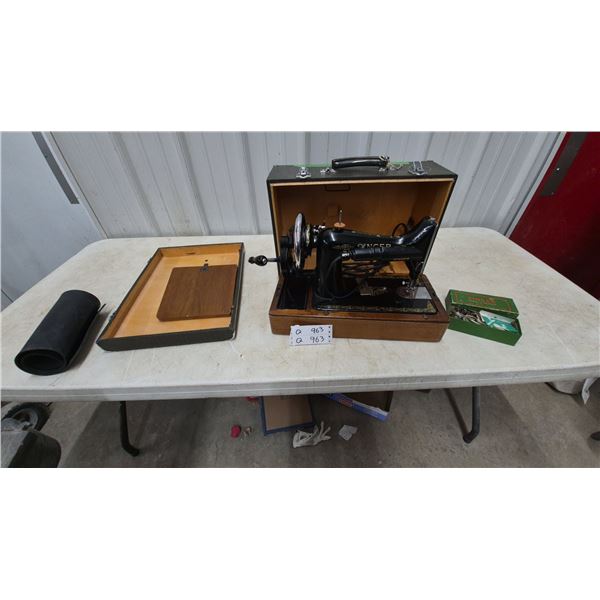 Vintage Singer Model 66 Sewing Machine with Lotus Decals, Hand Crank, Electric Motor