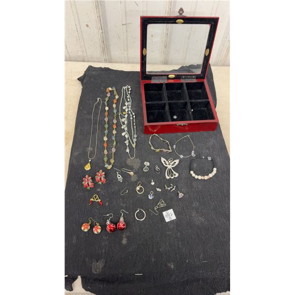 Jewelry Box With Jewelry: Christmas Earrings, Angel Brooch, Bracelets, Necklaces, and Necklace