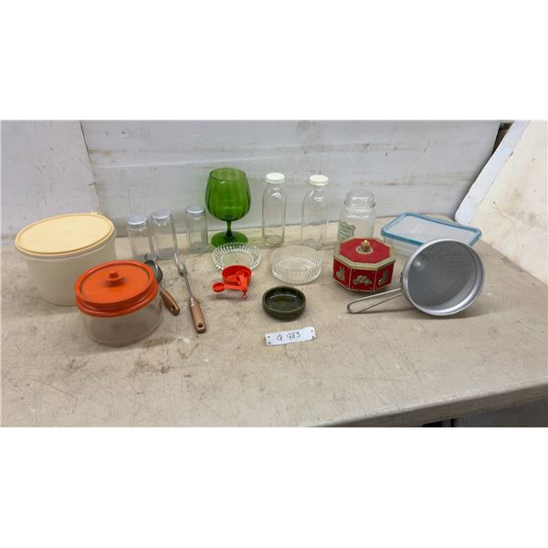 Vintage Kitchenware Including Glass Jars, Tupperware, Strainer, Green Goblet, Tin