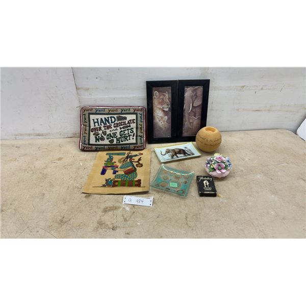 Decorative Lot: Chocolate Pillow, Framed Lion and Elephant Prints, Flirtation Playing Cards