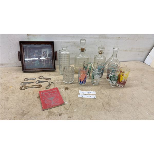 Vintage Barware Lot: Canadian Souvenir Tumblers, Glass Decanters, Bottle Openers, Cocktail Book