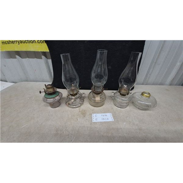 Vintage Clear Glass Oil Lamps with Brass Burners and Chimneys, Set of 5