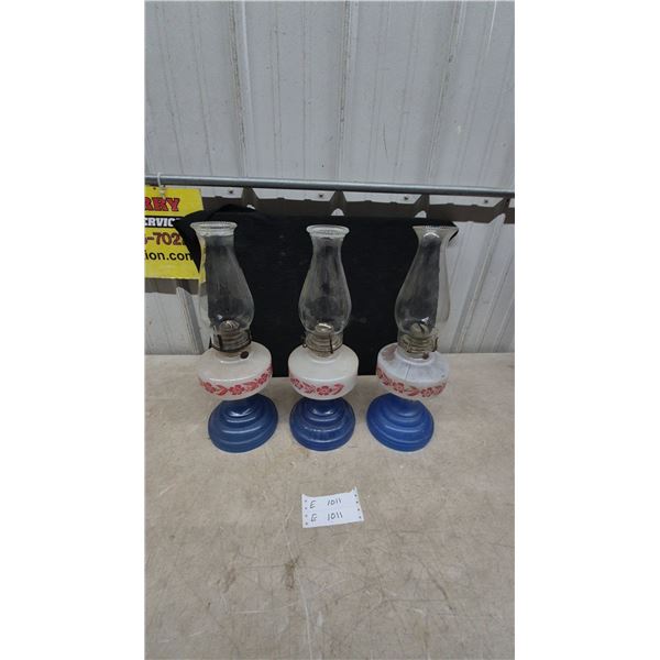 Three Vintage Kerosene Oil Lamps With Blue Glass Base and White Milk Glass Red Floral Fount