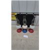 Image 1 : Three Oil Lamps: Two Red Base and White Font, One Blue Base and Floral White Font
