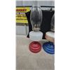 Image 2 : Three Oil Lamps: Two Red Base and White Font, One Blue Base and Floral White Font