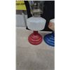 Image 3 : Three Oil Lamps: Two Red Base and White Font, One Blue Base and Floral White Font