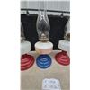 Image 4 : Three Oil Lamps: Two Red Base and White Font, One Blue Base and Floral White Font