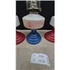 Image 5 : Three Oil Lamps: Two Red Base and White Font, One Blue Base and Floral White Font