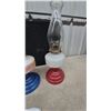 Image 6 : Three Oil Lamps: Two Red Base and White Font, One Blue Base and Floral White Font