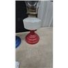 Image 7 : Three Oil Lamps: Two Red Base and White Font, One Blue Base and Floral White Font