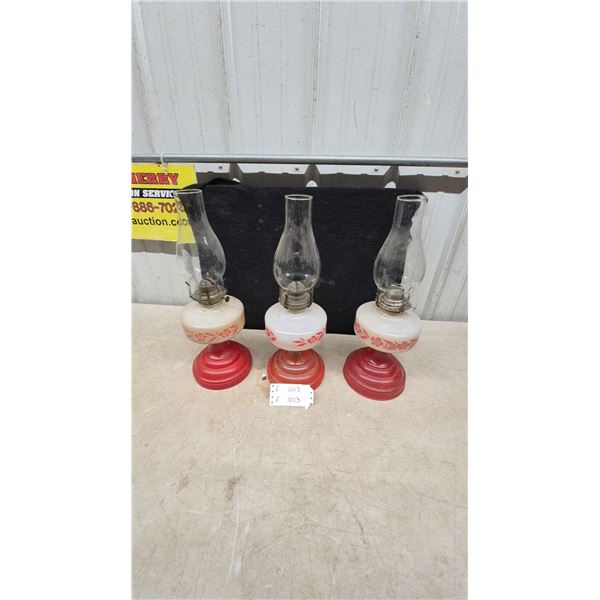 Vintage Mid-Century Kerosene Oil Lamps with Milk Glass Fonts and Red Floral Decals, Set of 3