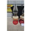 Image 2 : Set of Three Vintage Tabletop Oil Lamps with Red Floral Decal Fonts and Fluted Red Bases