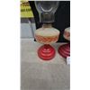 Image 3 : Set of Three Vintage Tabletop Oil Lamps with Red Floral Decal Fonts and Fluted Red Bases