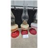 Image 4 : Set of Three Vintage Tabletop Oil Lamps with Red Floral Decal Fonts and Fluted Red Bases