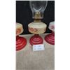 Image 5 : Set of Three Vintage Tabletop Oil Lamps with Red Floral Decal Fonts and Fluted Red Bases