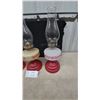 Image 6 : Set of Three Vintage Tabletop Oil Lamps with Red Floral Decal Fonts and Fluted Red Bases
