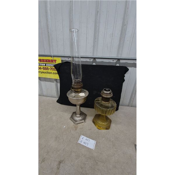 Two Antique Aladdin Kerosene Lamps, Nickel and Amber Ribbed Glass Bases