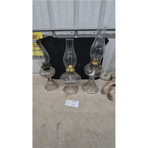 Three Antique Victorian Pressed Glass Kerosene Oil Lamps With Glass Chimneys