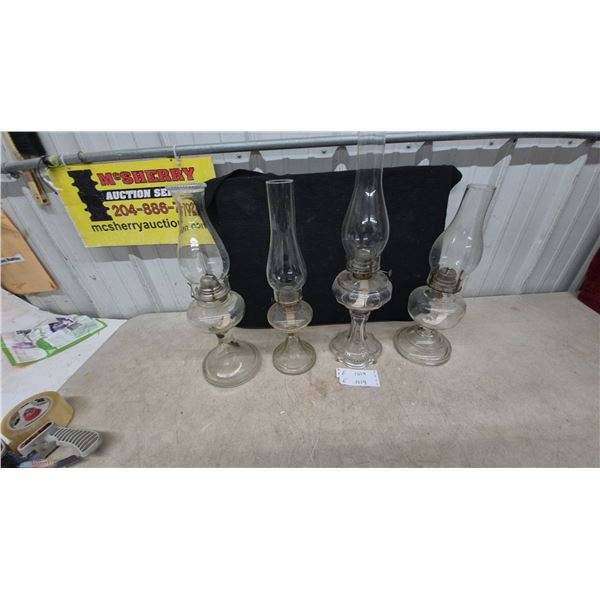 Four Vintage Clear Glass Oil Lamps With Chimneys, Late 19th to Early 20th Century