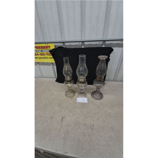 Three Vintage Glass Oil Lamps With Brass Burners and Chimneys, Clear and Amethyst Tint