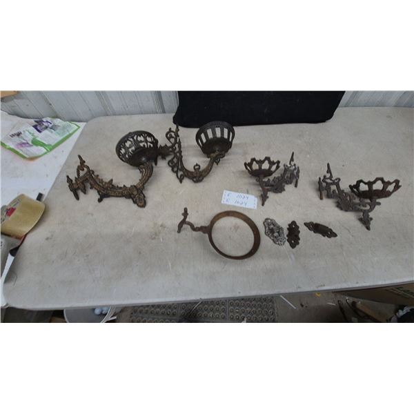 Antique Victorian Cast Iron Wall Sconce Oil Lamp Holders, Brackets, and Escutcheons Lot