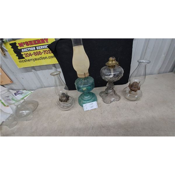 Lot of 4 Antique Pressed Glass Oil Lamps Including Teal Blue-Green Two-Tiered Base and More extra