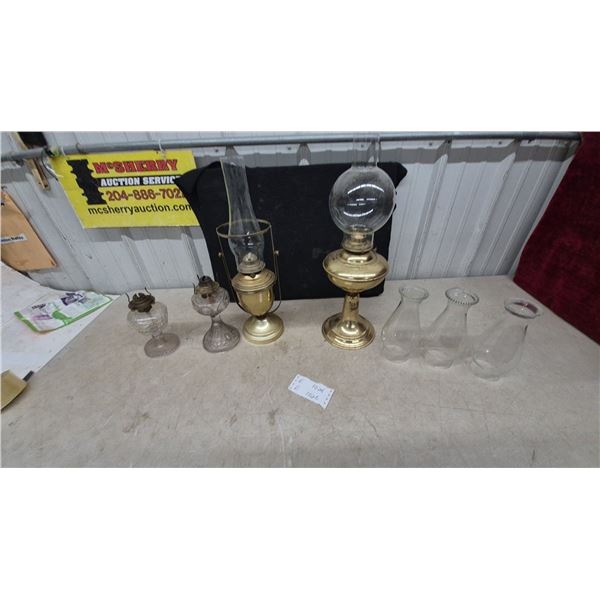 Antique Brass and Pressed Glass Oil Lamps with Chimneys and Globe