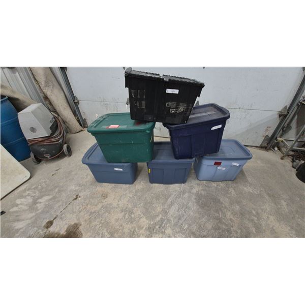 6 Assorted Plastic Storage Totes with Lids in Black, Blue, Green, and Light Blue