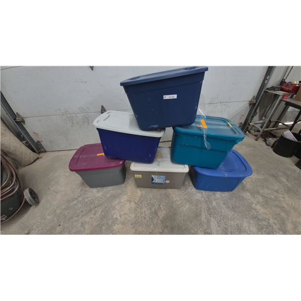 Lot of 6 Plastic Storage Totes with Lids, Assorted Sizes and Colors, Including TuffStore 68 Litre