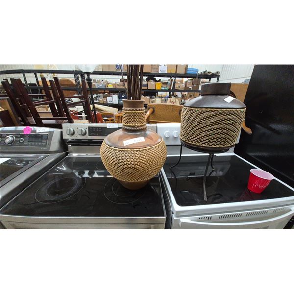 Rustic Earthenware Vase with Woven Rattan and Decorative Sticks and Cylindrical Pot with Stand