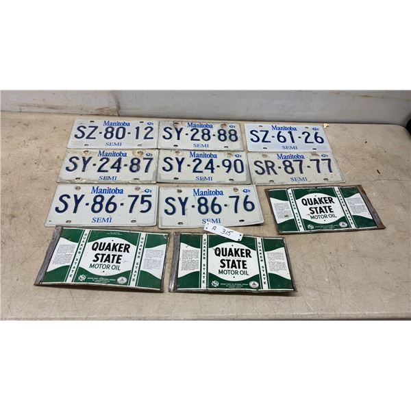 Manitoba Semi License Plates and Quaker State Motor Oil Flattened Tin Signs